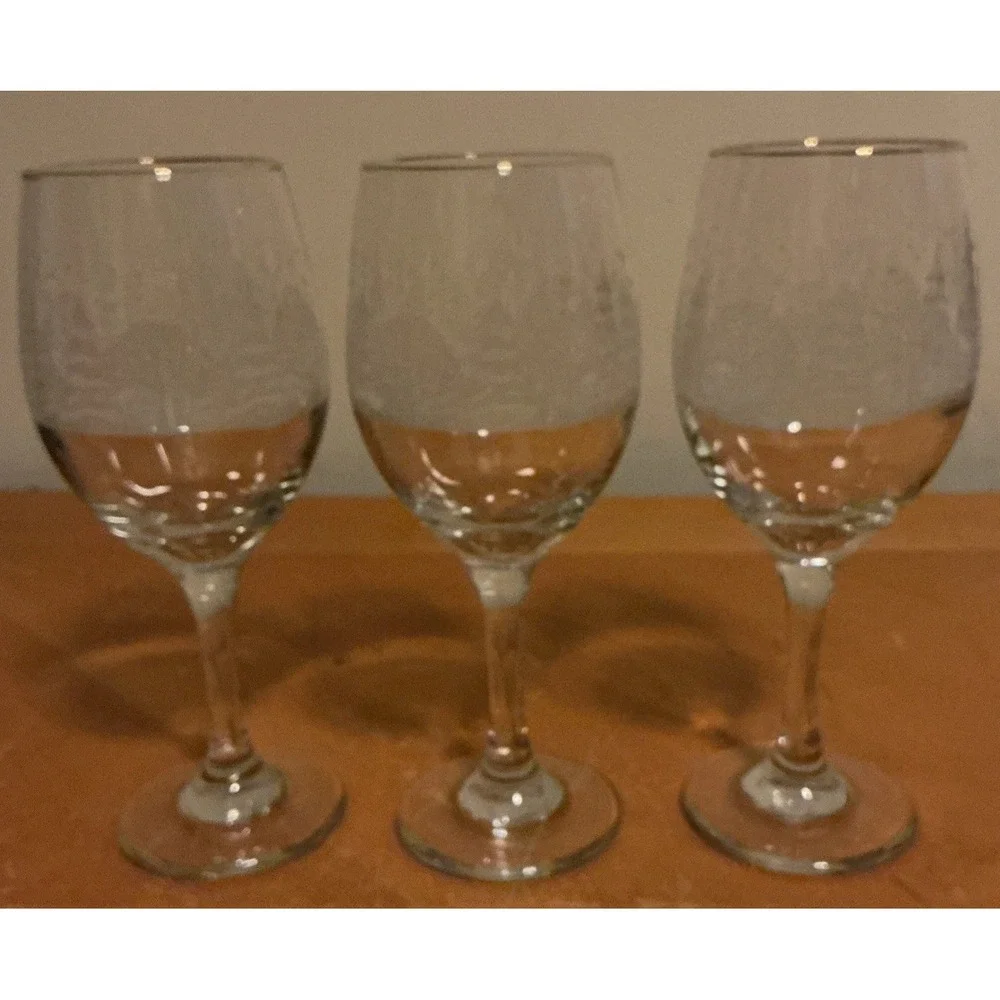 Libbey Winter Scene Set Of 3 Wine Water Glasses Frosted Trees Gold Rims - Picture 1 of 9